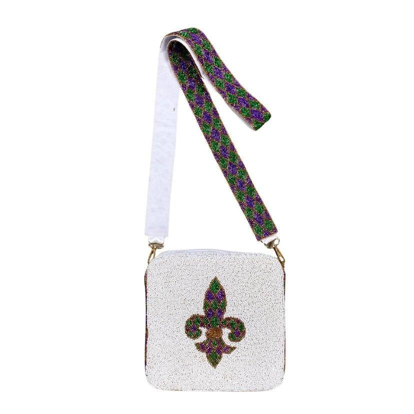 Mardi Gras Argyle Fleur de Lis Beaded Purse
