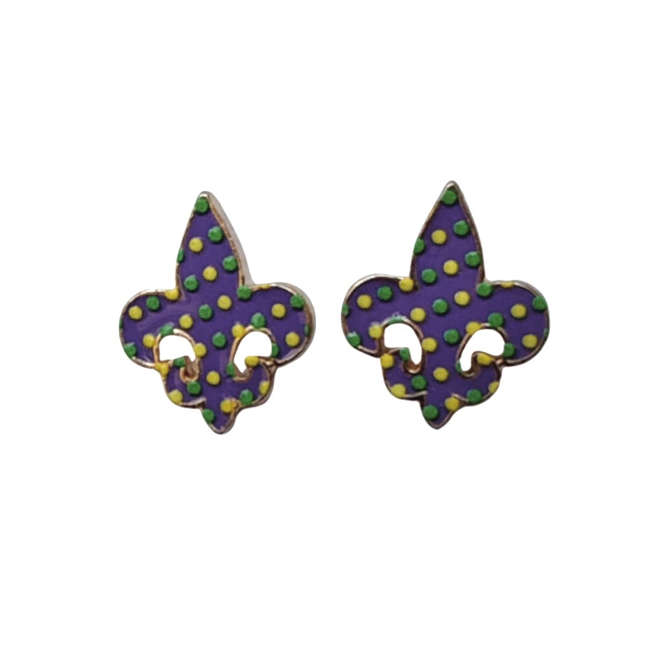 Mardi Gras Polka Dot Fleur de Lis Stud Earrings