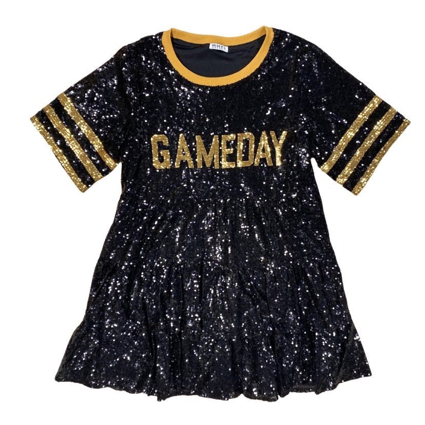 Gameday Sequin Babydoll Dress, Black & Gold Fleurty Girl Gameday Sequin Babydoll Dress, Black & Gold Fleurty Girl