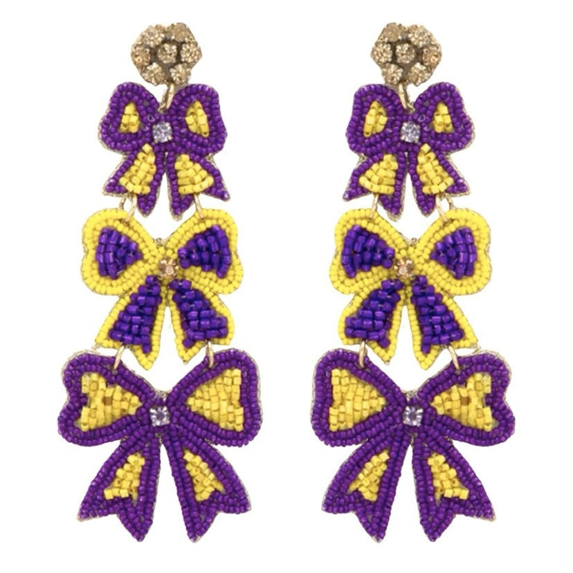 Triple Bow Beaded Earrings, Purple & Gold