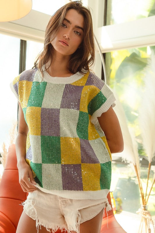 Mardi Gras Checker Pattern Sleeveless Sweater