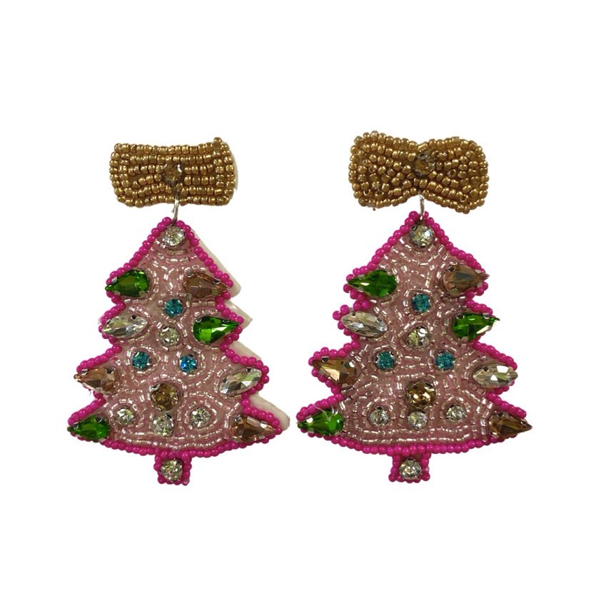 Bedazzled Christmas Tree Earrings, Pink