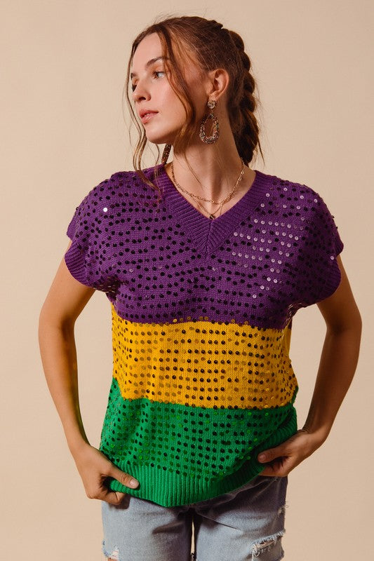 Mardi Gras Sequin V-Neck Sweater