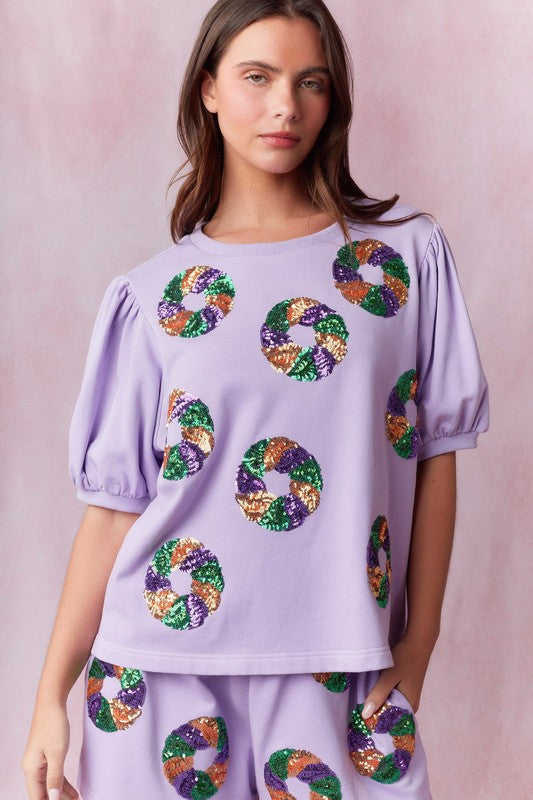 Sequin King Cake Puff Sleeve Pullover