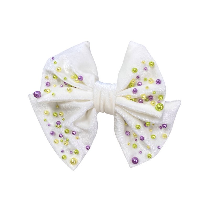 Mardi Gras Pearls Hair Bow, White
