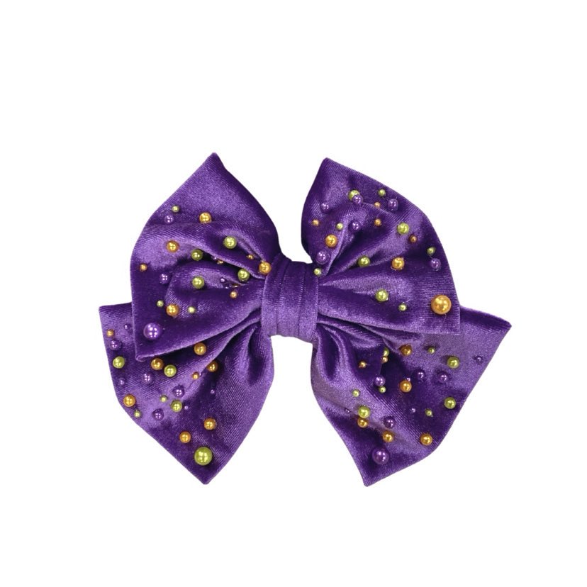 Mardi Gras Pearls Hair Bow, Purple