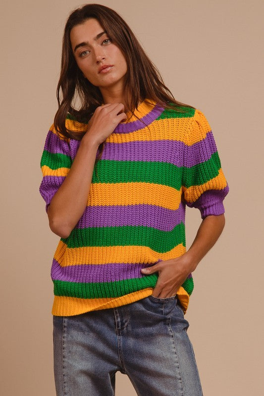 Mardi Gras Stripe Short Sleeve Knit Sweater
