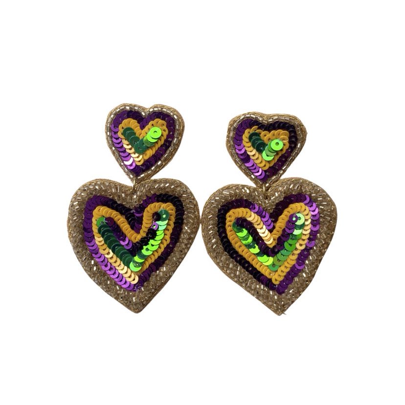Mardi Gras Double Heart Sequin Earrings