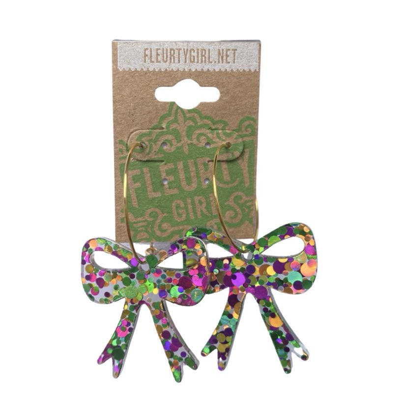 Mardi Gras Confetti Bow Hoop Earings