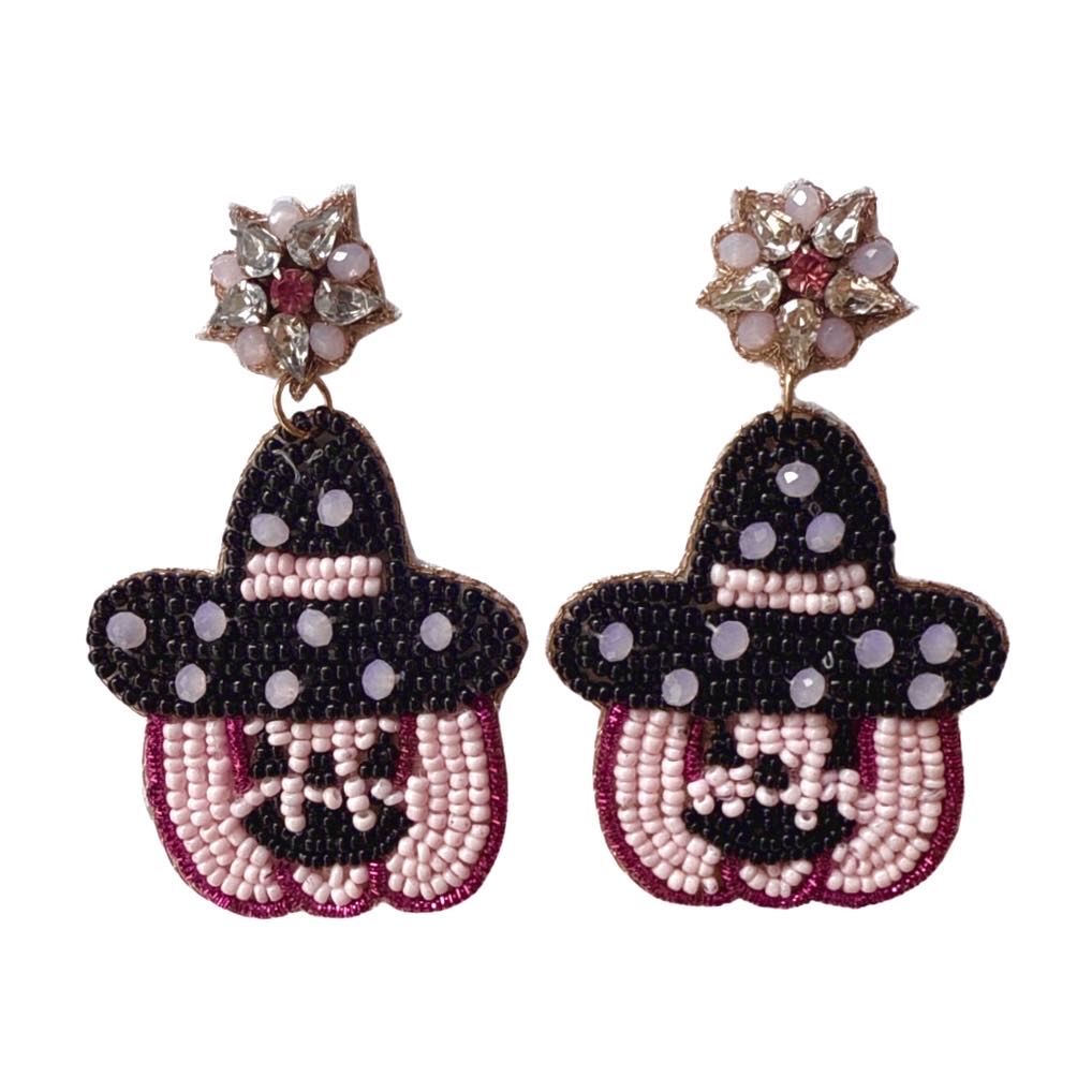 Beaded Pumpkin Witch Earrings