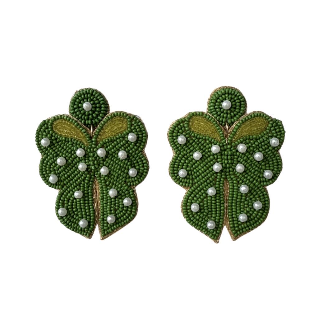 Green Beaded Bow Earrings
