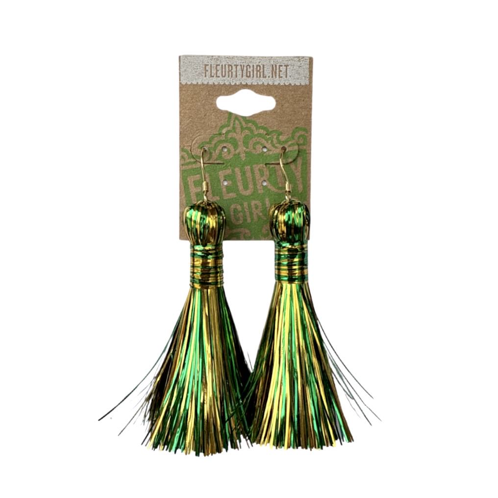 Green & Gold Tinsel Tassel Earrings