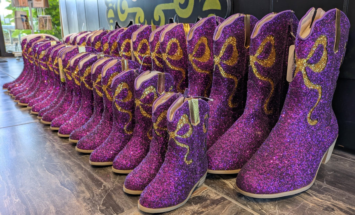 Purple & Gold Bow Glitter Boots, Kids
