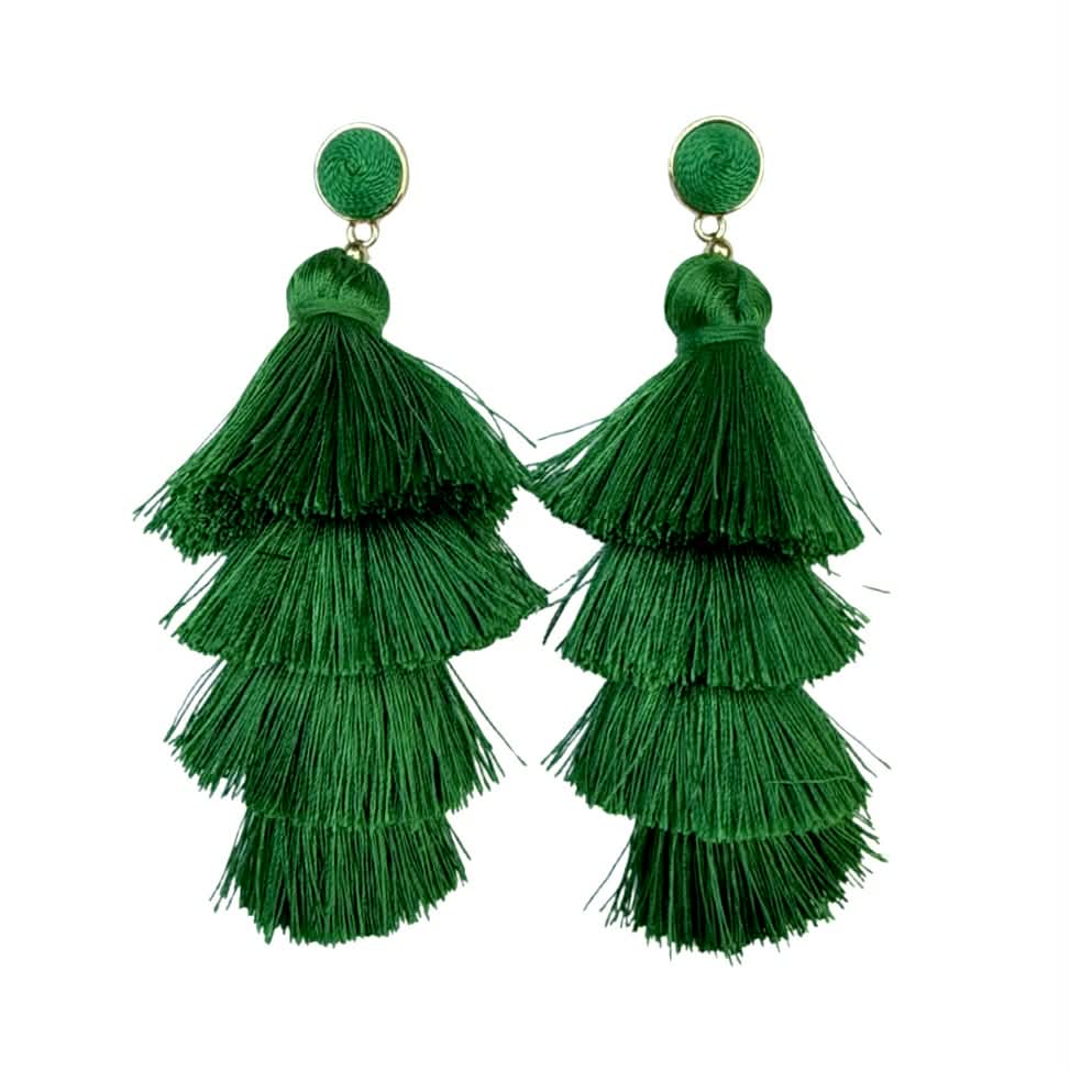 Green Tiered Tassel Earrings