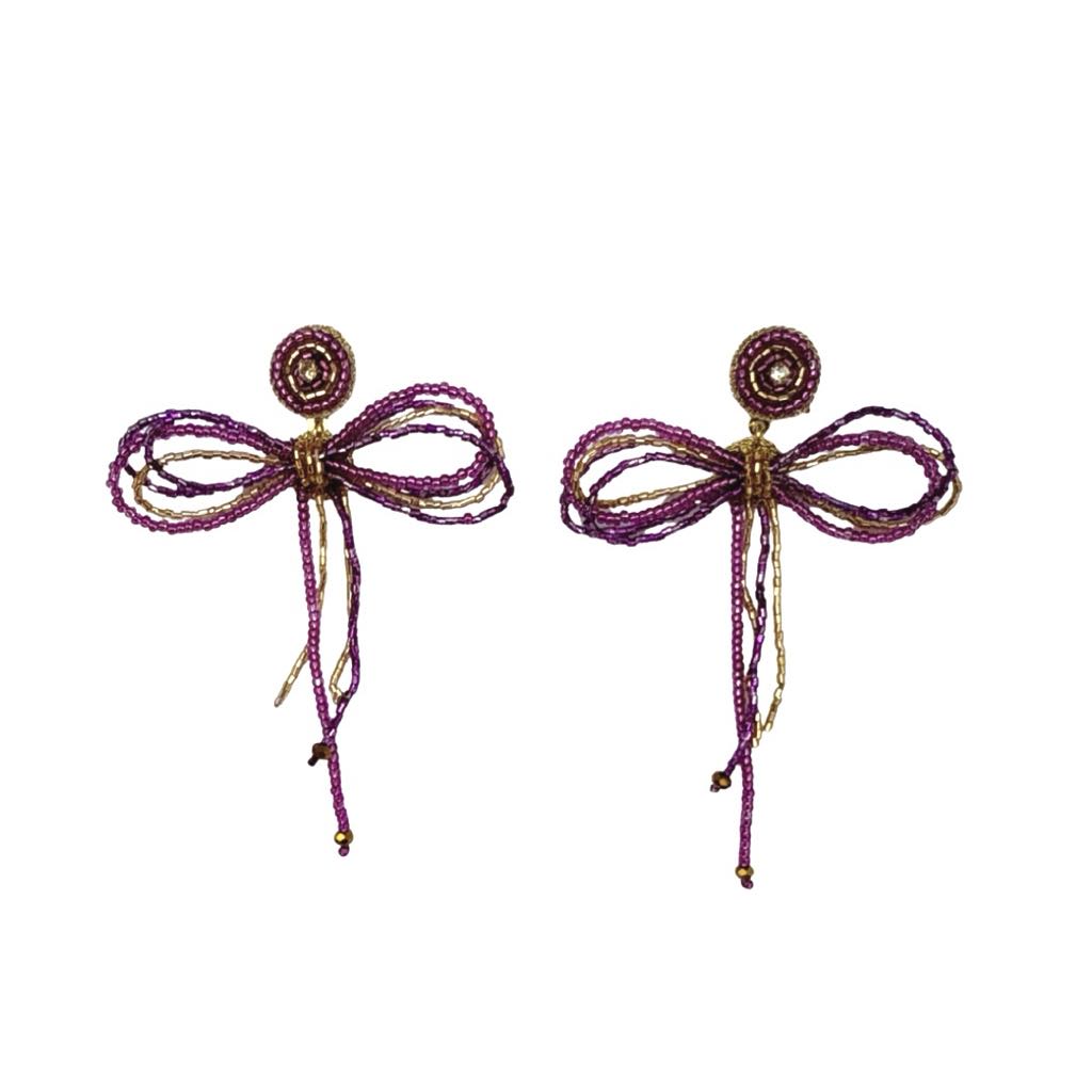 Beaded Bow Dangle Earrings, Purple & Gold