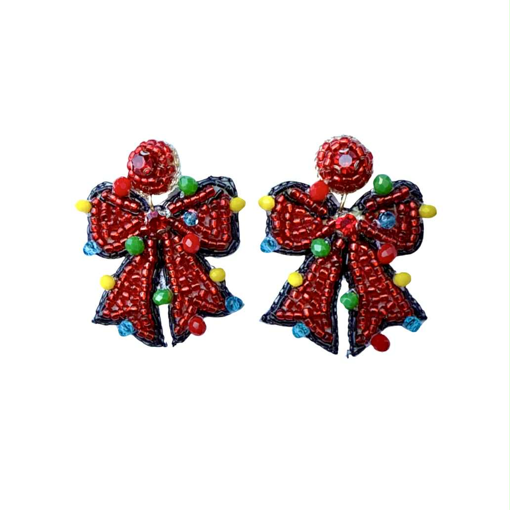 Festive Holiday Bow Beaded Earrings