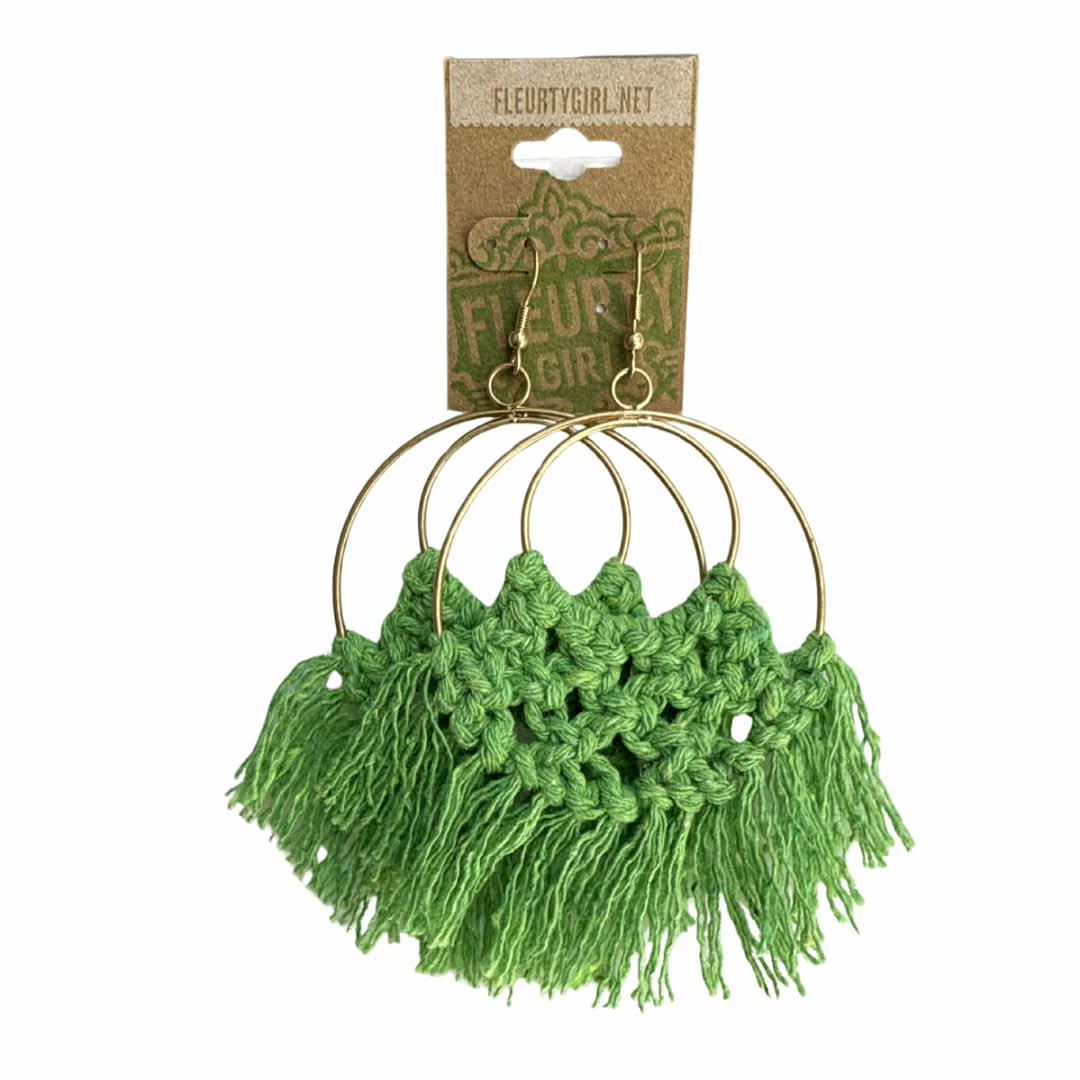 Macrame Hoop Earrings, Green