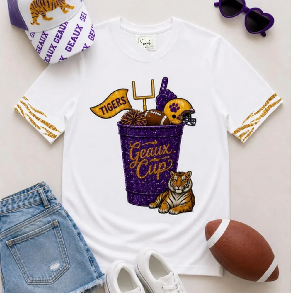 Geaux Cup Sequin Tee, Purple & Gold