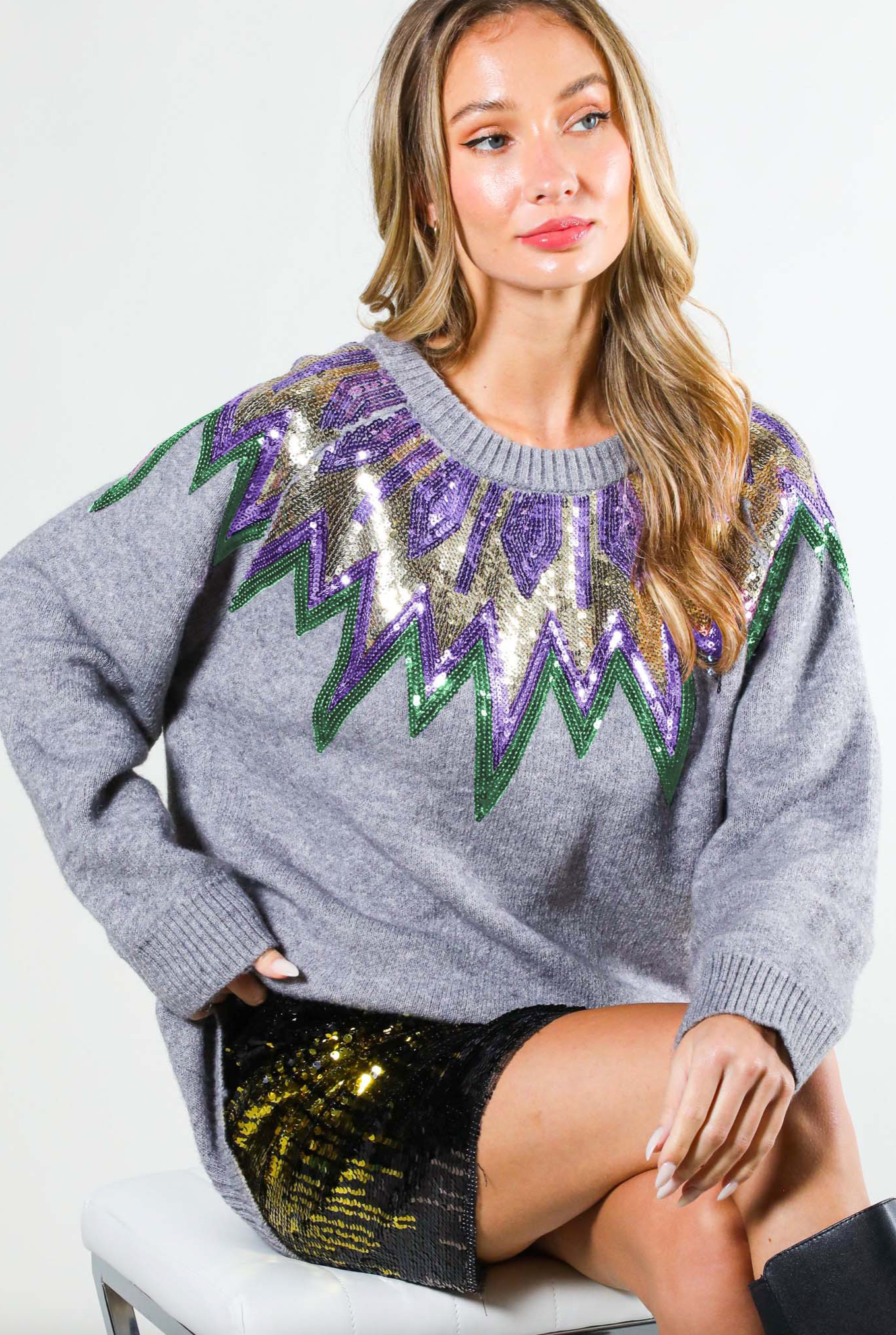 Mardi Gras Long Sleeve Sweater, Grey