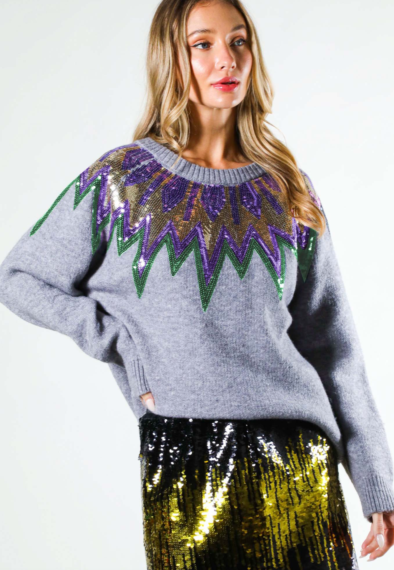 Mardi Gras Long Sleeve Sweater, Grey
