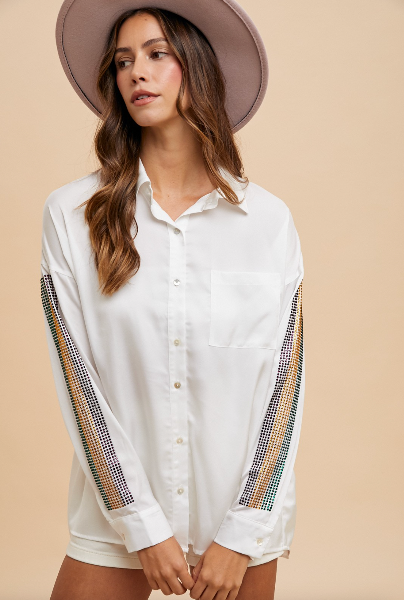 Mardi Gras Rhinestone Stripe Sleeve Button Down