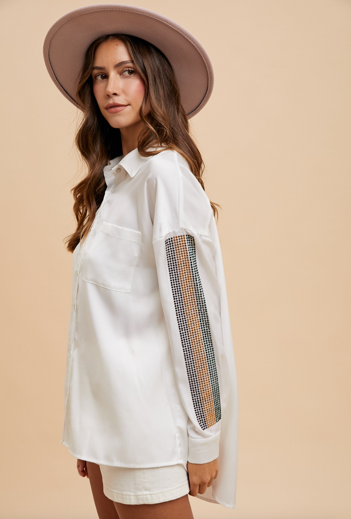 Mardi Gras Rhinestone Stripe Sleeve Button Down