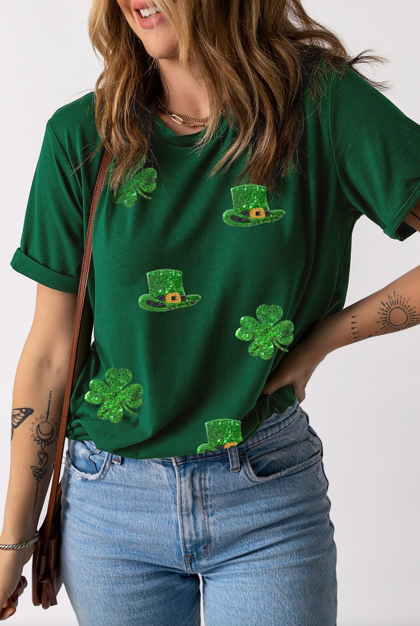 Sequin Clover & Hat Cuff Sleeve Top