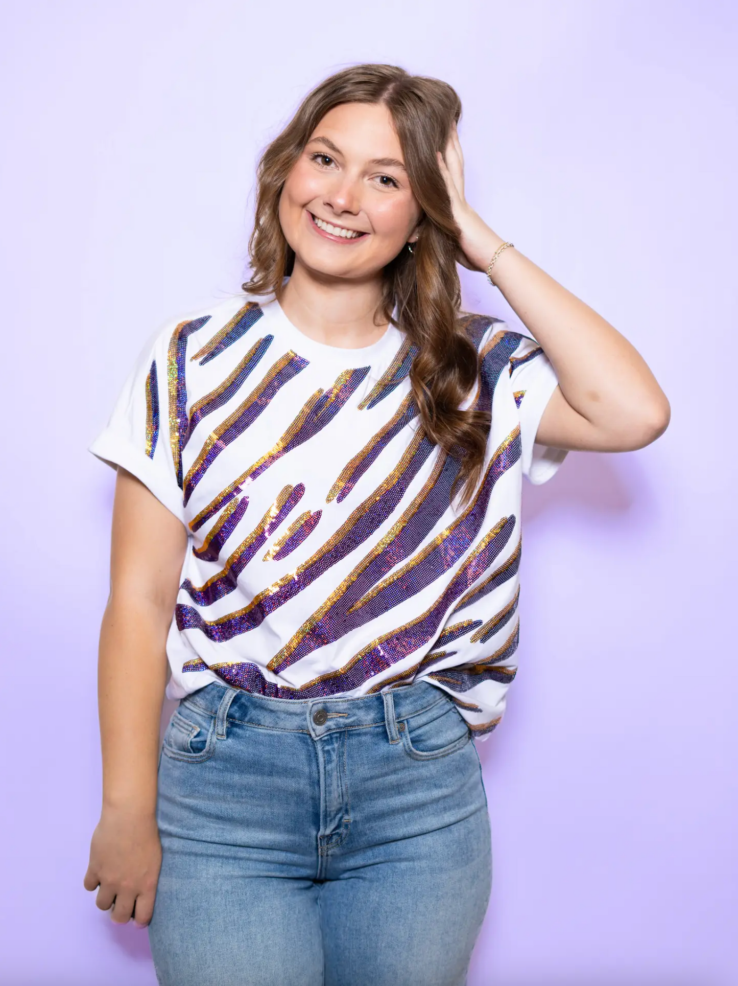 Sequin Tiger Stripe Cuff Sleeve Top