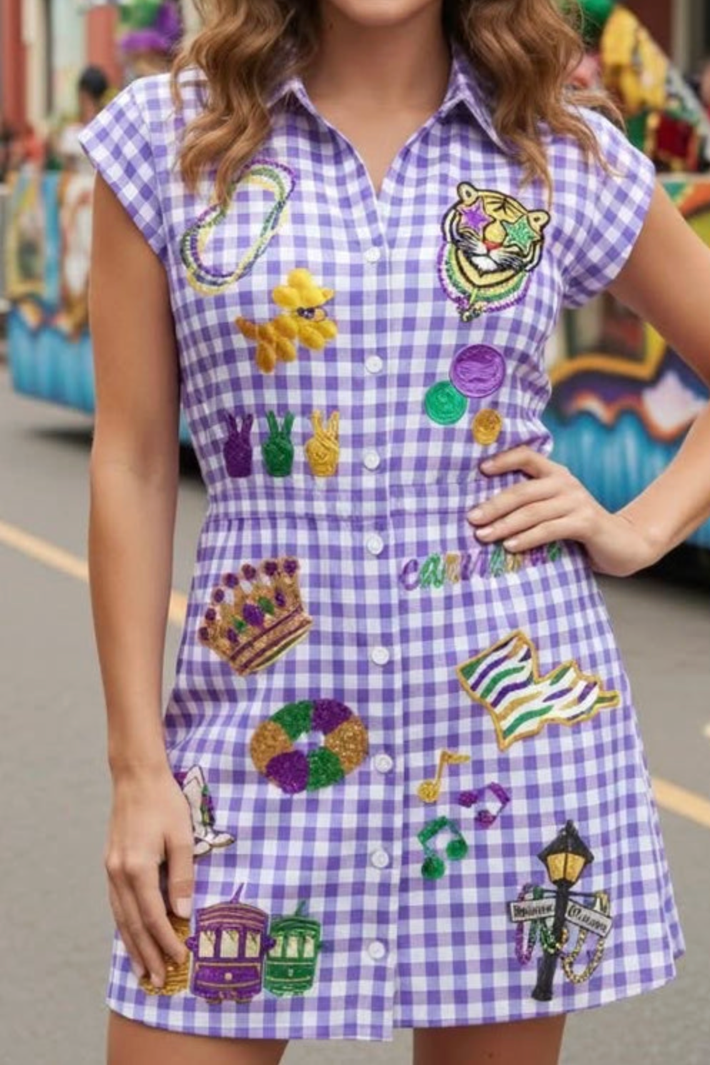Gingham Mardi Gras Sequin Patch Dress