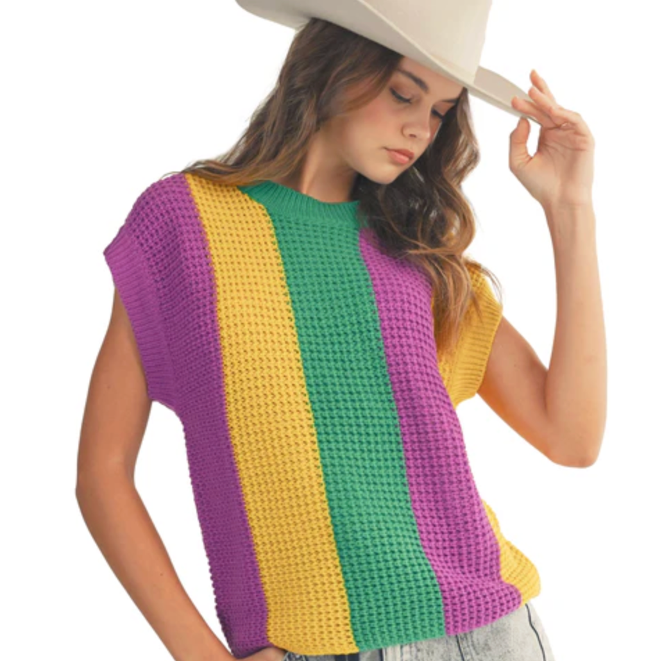 Mardi Gras Stripe Sleeveless Sweater