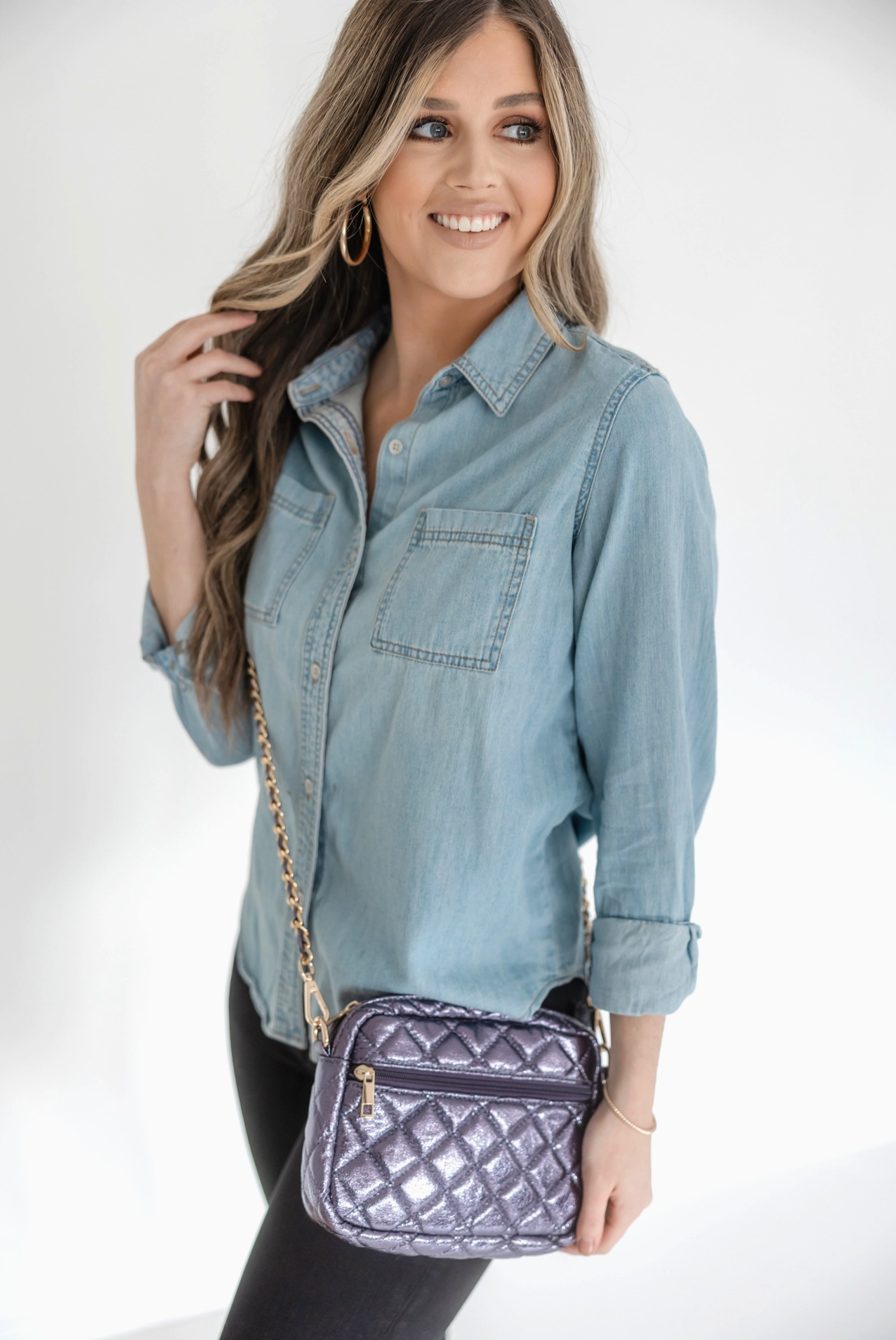 Quilted Metallic Crossbody Bag, Purple