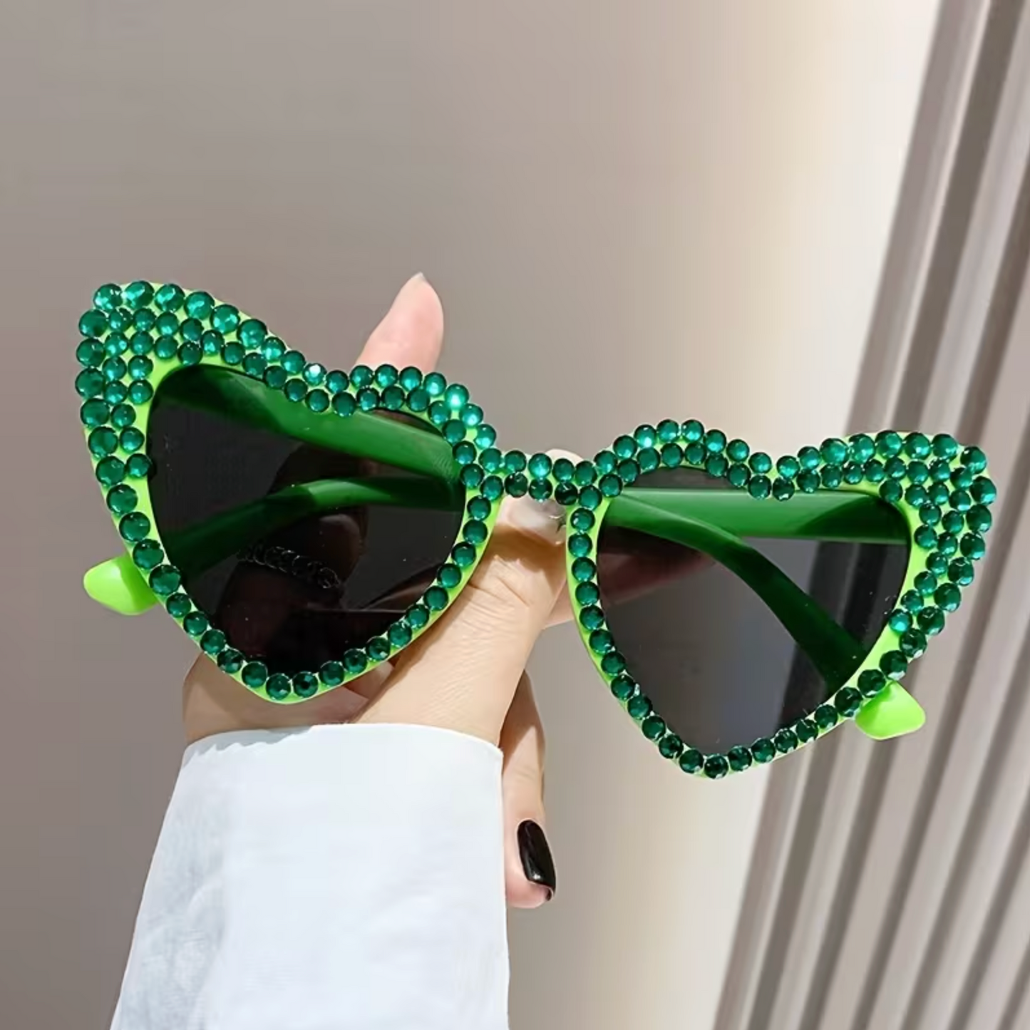 Rhinestone Heart Sunglasses, Green