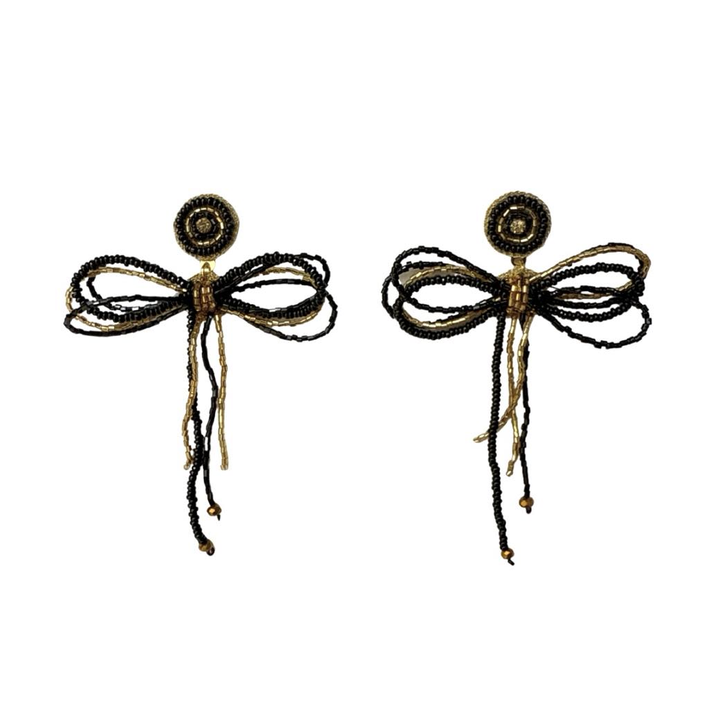 Beaded Bow Dangle Earrings, Black & Gold