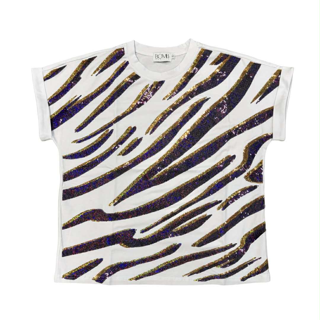 Sequin Tiger Stripe Cuff Sleeve Top