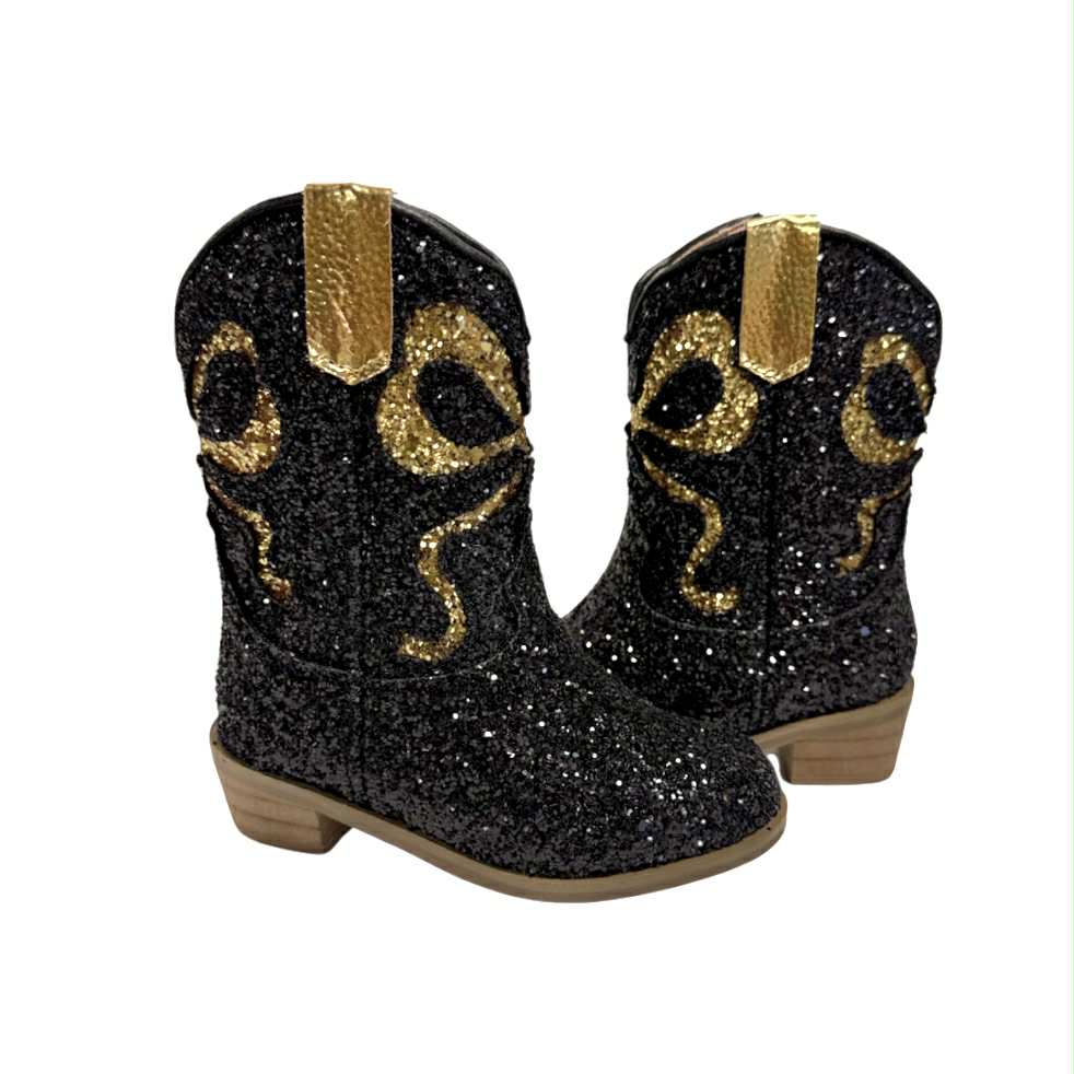Black & Gold Bow Glitter Boots, Kids