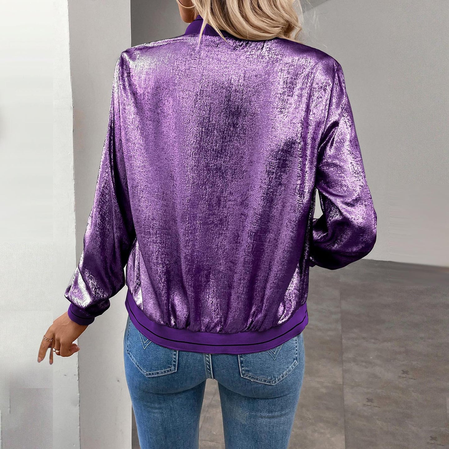 Metallic Bomber Jacket, Purple