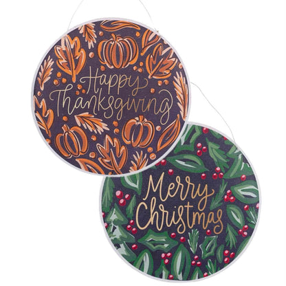 Happy Thanksgiving/Merry Christmas Reversible Burlap Door Hanger