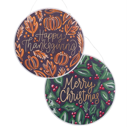 Happy Thanksgiving/Merry Christmas Reversible Burlap Door Hanger