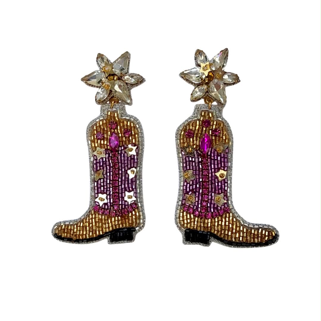 Purple & Gold Cowboy Boot Gem Post Earrings