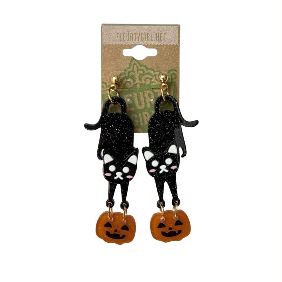Black Cat Pumpkin Dangle Earrings