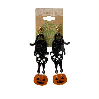 Black Cat Pumpkin Dangle Earrings