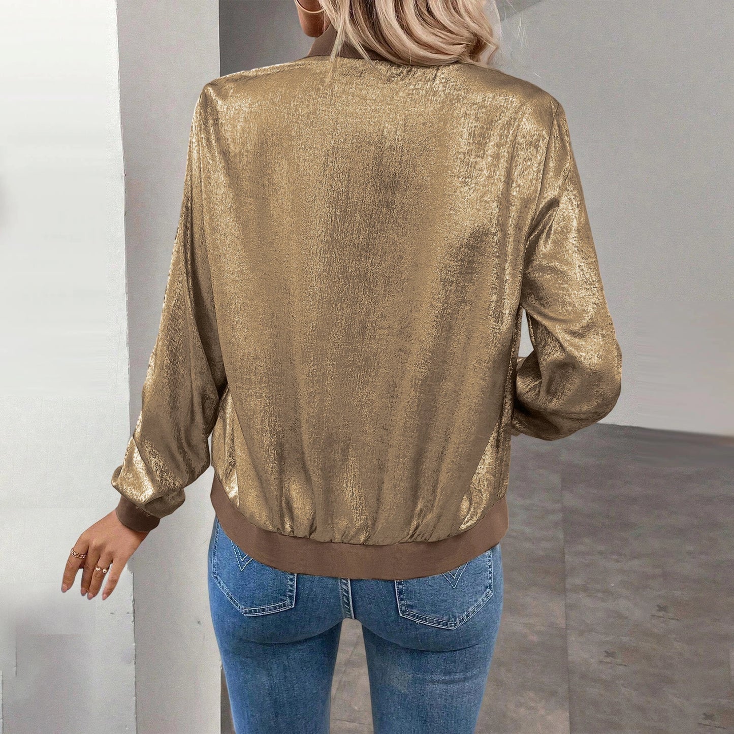 Metallic Bomber Jacket, Gold