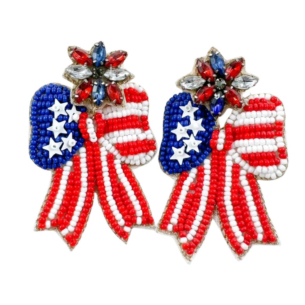 Patriotic Beaded Bow Earrings