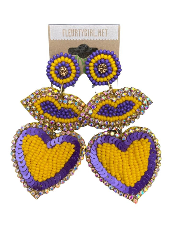 Purple & Gold Beaded Earrings, Lips & Heart