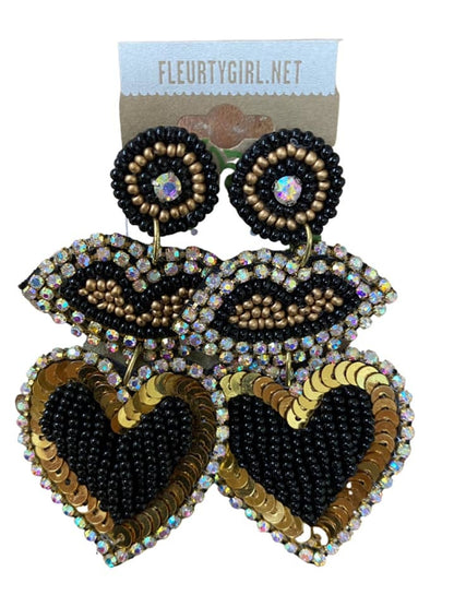 Black & Gold Beaded Earrings, Lips & Heart