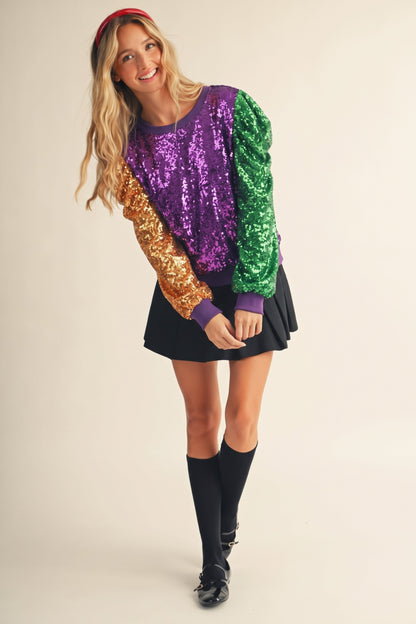 Mardi Gras Color Block Sequin Sweatshirt