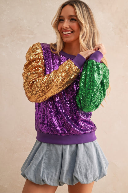 Mardi Gras Color Block Sequin Sweatshirt