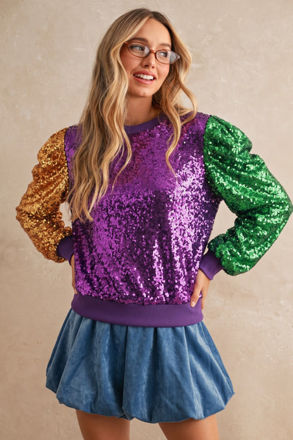 Mardi Gras Color Block Sequin Sweatshirt