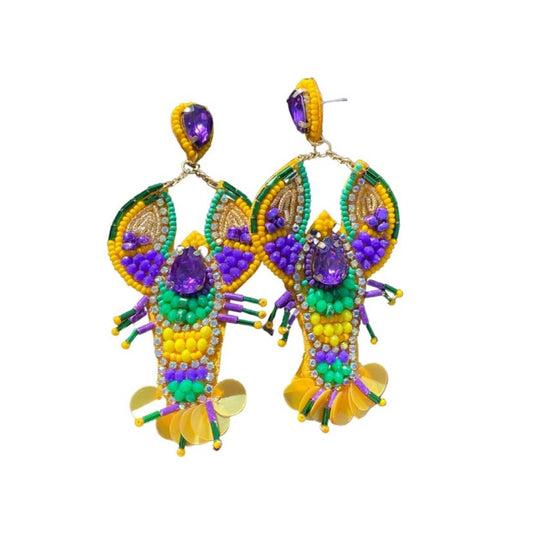 Mardi Gras Beaded Crawfish with Jewels Earrings