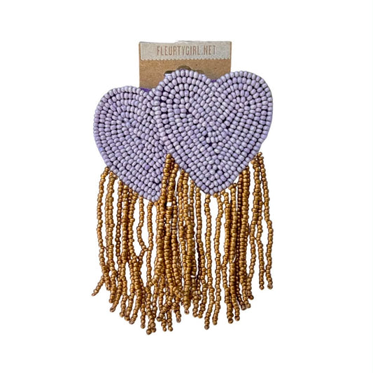 Beaded Heart Fringe Earrings, Purple & Gold